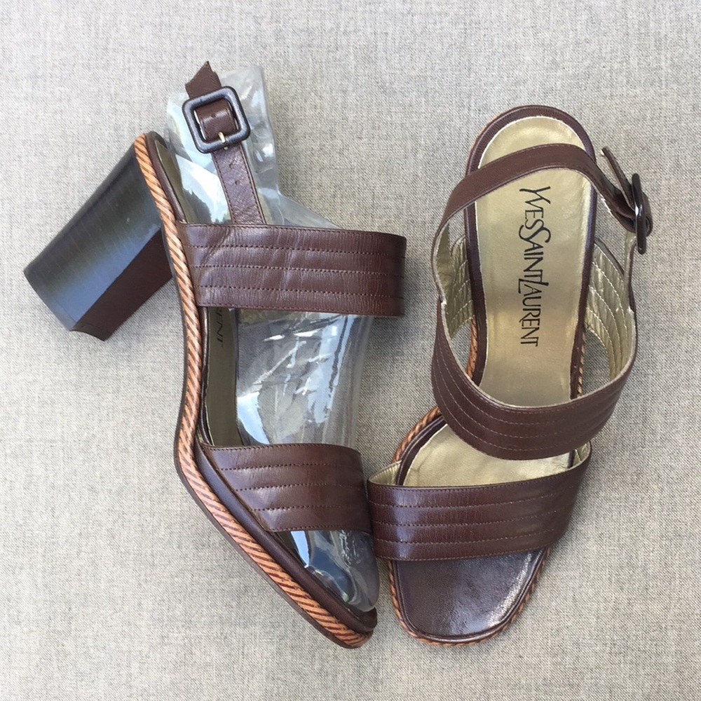 YVES SAINT LAURENT Block Heel Leather Sandals in Chocolate Brown